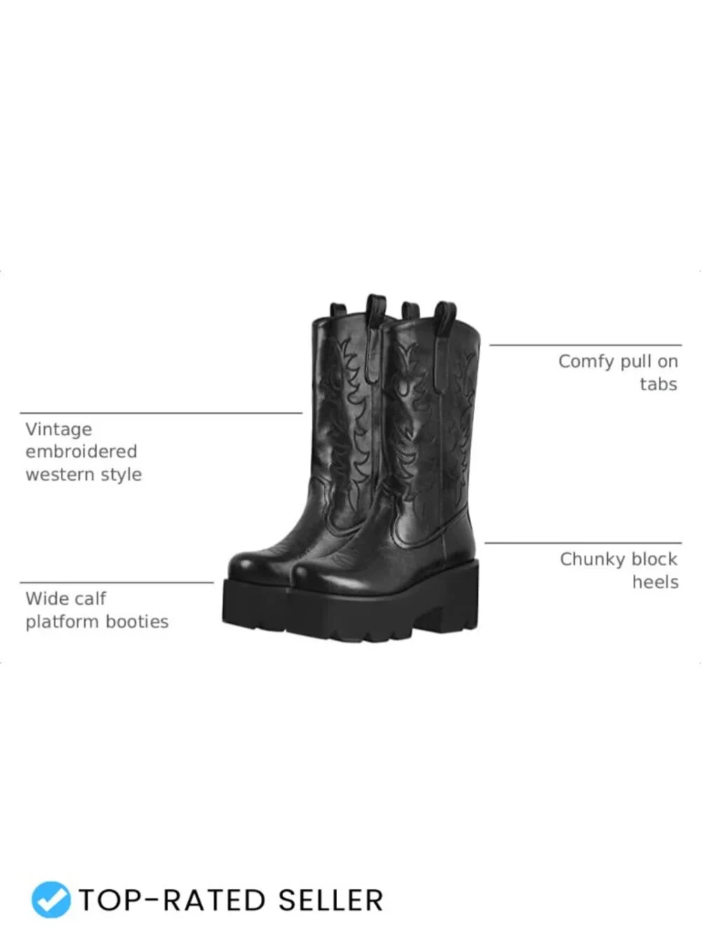 Vintage Embroidered Mid Calf Pull-On Boots for Women Chunky Heel